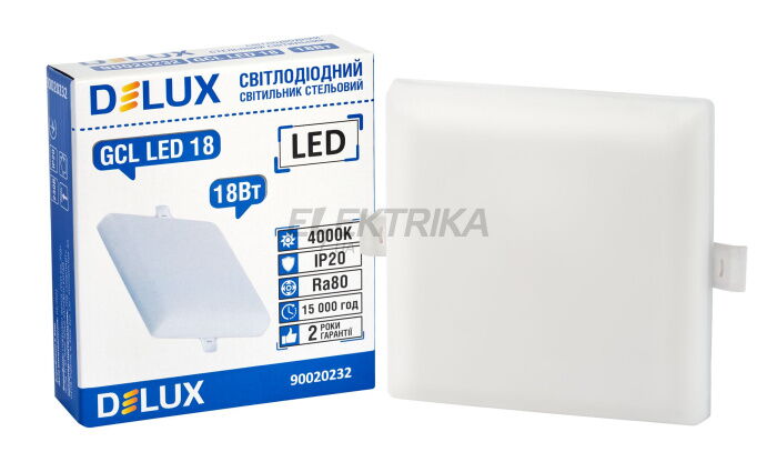 Світильник світлодіод. DELUX GCL LED 18 4000К 18Вт 230В SQUARE (90020232)