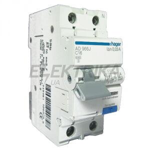 Диференціальний автоматичний вимикач Hager 1+N, 40A, 30 mA, С, 6 КА, A, 2м Hager Hager (AD990J)