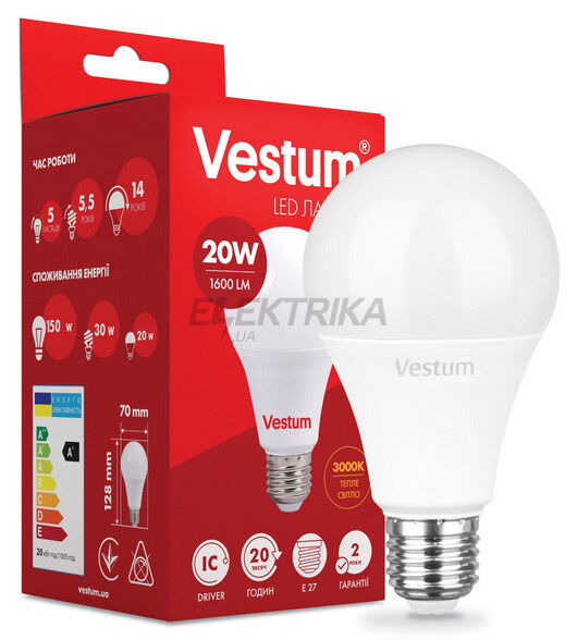 Світлодіодна лампа Vestum LED A70 20W 3000K 220V E27 (1-VS-1110)