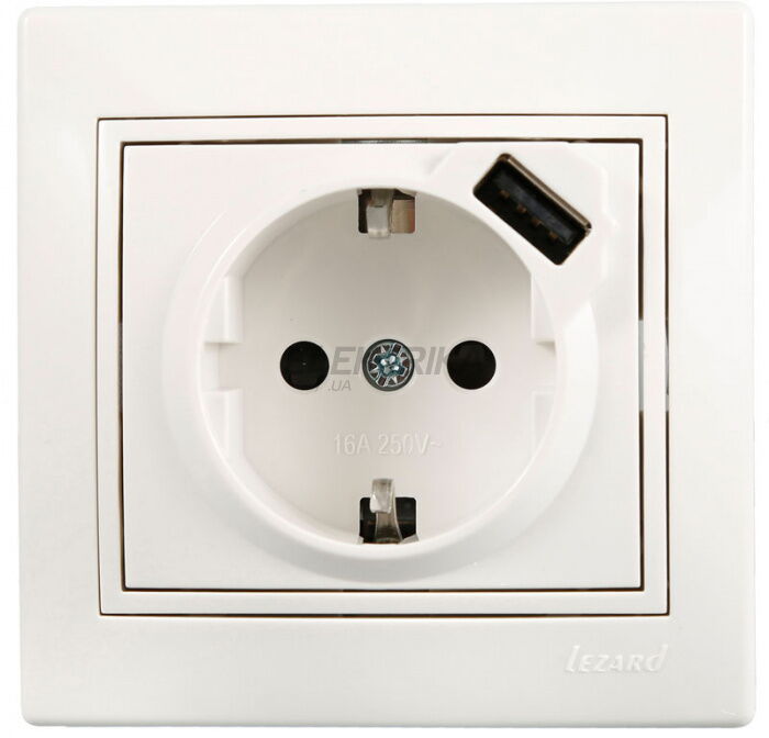 Розетка + USB Lezard Mira із заземленням білий (701-0202-181)