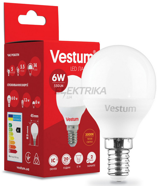 Світлодіодна лампа Vestum LED G45 6W 3000K 220V E14 (1-VS-1204)