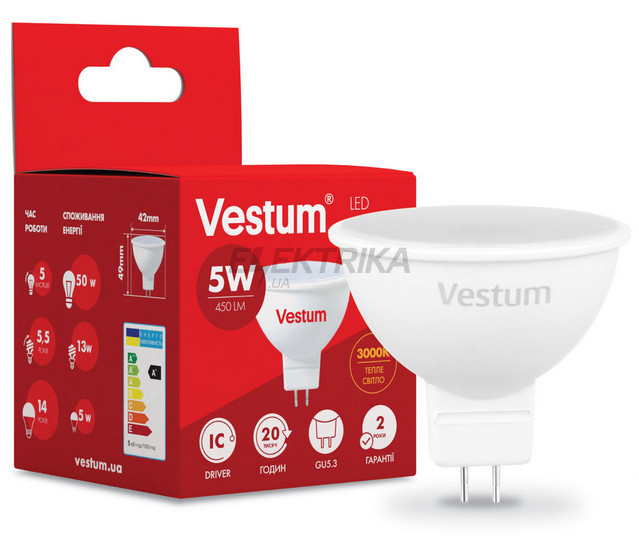 Лампа світлодіодна Vestum LED MR16 5W 3000K 220V GU5.3 (1-VS-1504)