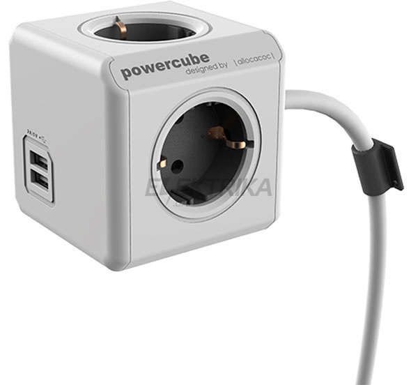 Мережевий подовжувач Powercube Extended із заземленням 4 розетки, 2 USB, 3 м, сірий