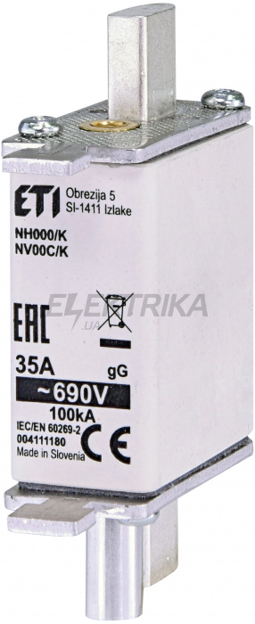 Плавка вставка запобіжник ETI NH000/K gG 40A/690V 004111181