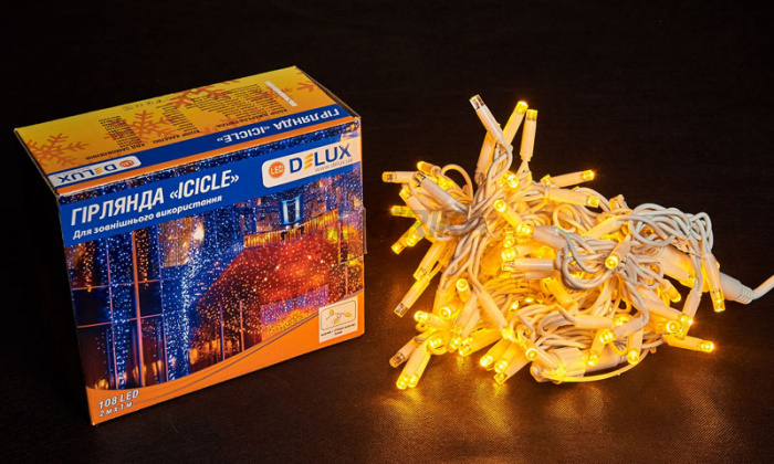 Гірлянда зовнішня DELUX ICICLE 108LED 2x1m 27 flash жовтий/білий IP44 EN (90012941)