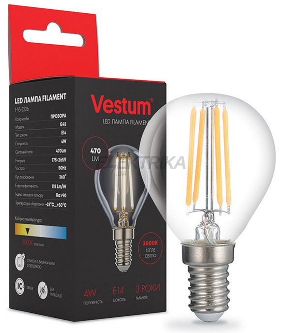 Лампа світлодіодна філамент Vestum LED G45 4W 220V 3000К E14 (1-VS-2226)