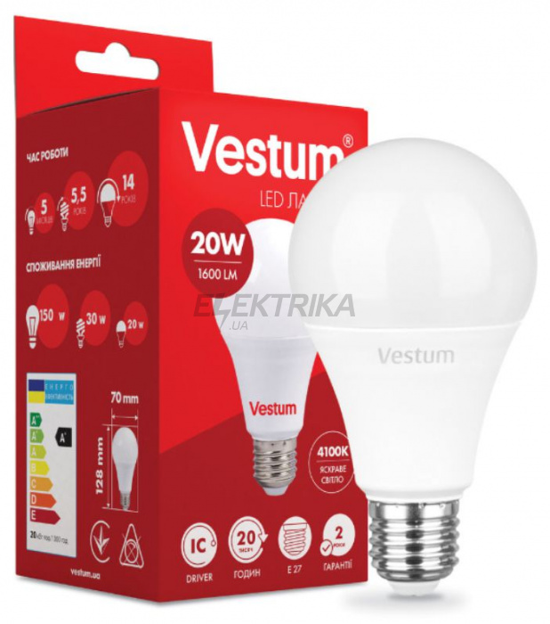 Світлодіодна лампа Vestum LED A70 20W 4100K 220V E27 (1-VS-1109)