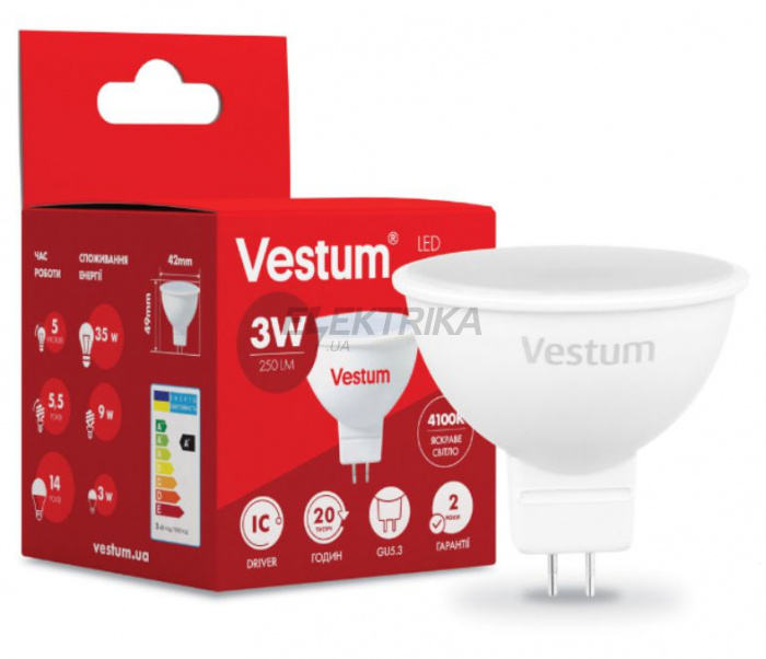 Лампа світлодіодна Vestum LED MR16 3W 4100K 220V GU5.3 (1-VS-1501)