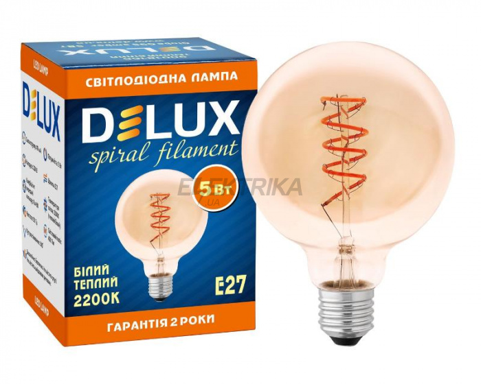 світлодіодна лампа DELUX Globe G95 5w 2200K Е27 amber spiral filament теплий білий