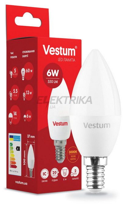 Світлодіодна лампа Vestum LED C37 6W 3000K 220V E14 (1-VS-1304)