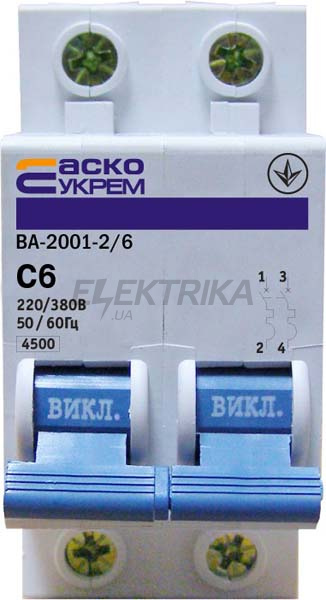 Автоматичний вимикач УкрЕМ ВА-2001 2р 6А АсКо