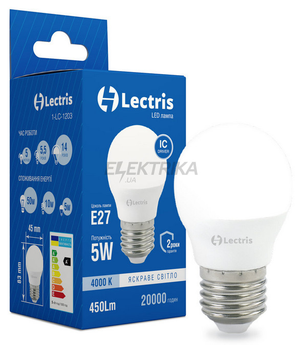 Світлодіодна лампа Lectris LED G45 5W 4000K 220V E27 (1-LC-1203)
