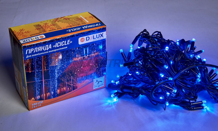 Гірлянда зовнішня DELUX ICICLE 108LED 2x1m 27 flash синій/чорний IP44 EN (90012946)