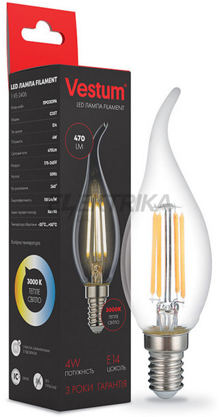 Лампа світлодіодна філамент Vestum LED С35Т 4W 220V 3000К E14 (1-VS-2406)