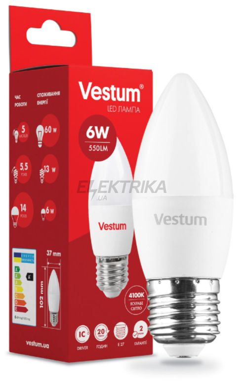 Світлодіодна лампа Vestum LED C37 6W 4100K 220V E27 (1-VS-1301)