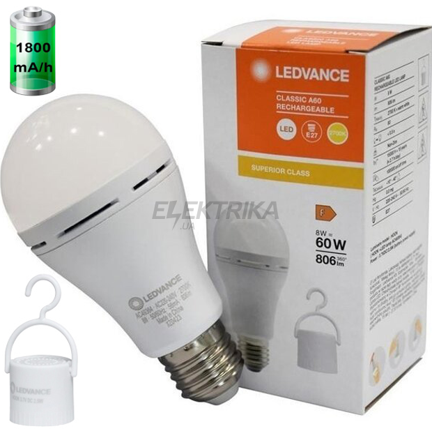 Лампа Ledvance LED CL A60 RECHARGEABLE 8W/827 230V E27 50х1 (4099854102417)