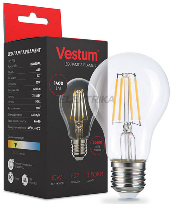Лампа світлодіодна філамент Vestum LED А60 10W 220V 3000К E27 (1-VS-2114)