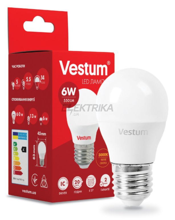 Світлодіодна лампа Vestum LED G45 6W 3000K 220V E27 (1-VS-1202)