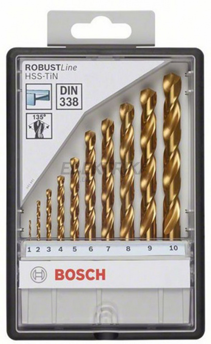 Набір із 10 свердл по металу Robust Line HSS-TiN, 135° 1; 2; 3; 4; 5; 6; 7; 8; 9; 10 мм, 135 °