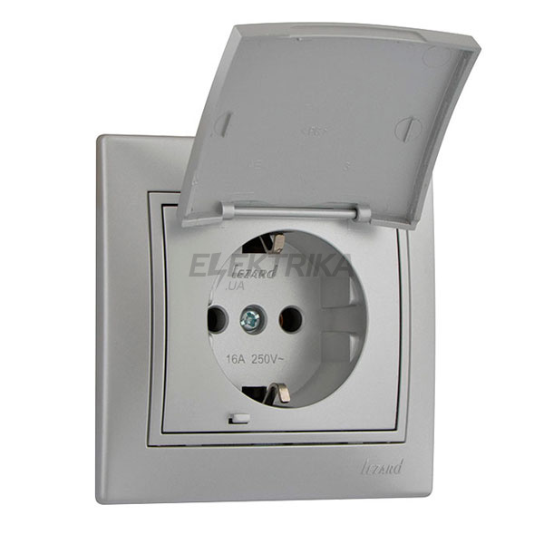 Розетка одинарна із заземленням з кришкою Lezard Mira, сірий металік