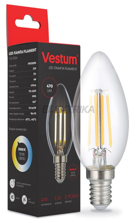 Лампа світлодіодна філамент Vestum LED С35 4W 220V 3000К E14 (1-VS-2306)