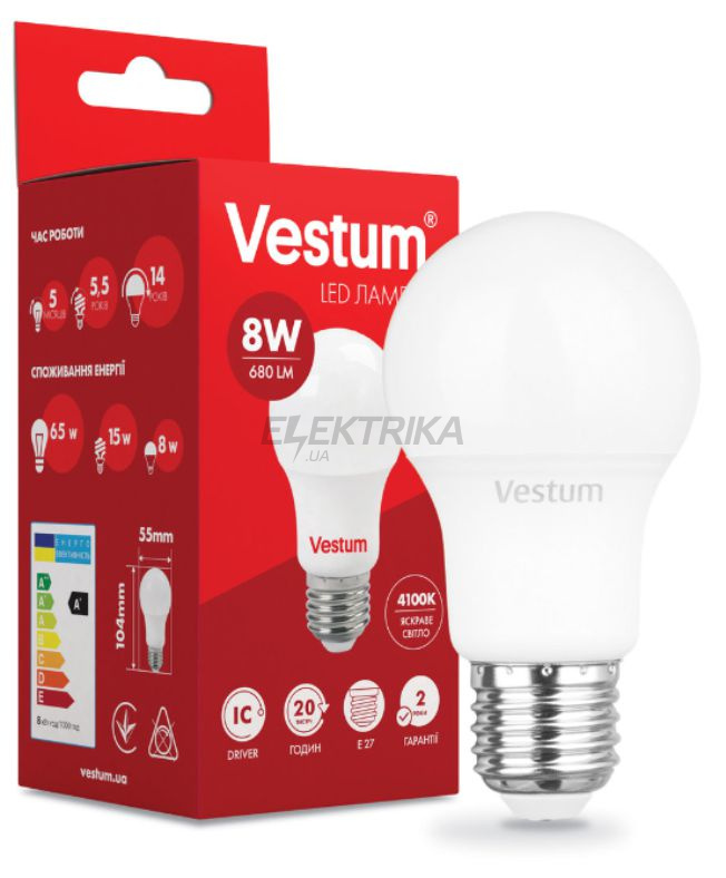Світлодіодна лампа Vestum LED A55 8W 4100K 220V E27 (1-VS-1107)
