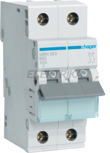 Автоматичний вимикач 2P 6kA B-63A 2M, Hager (MBN263)