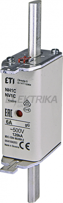 Плавка вставка запобіжник ETI NH1C gG 6A/500V 004184203