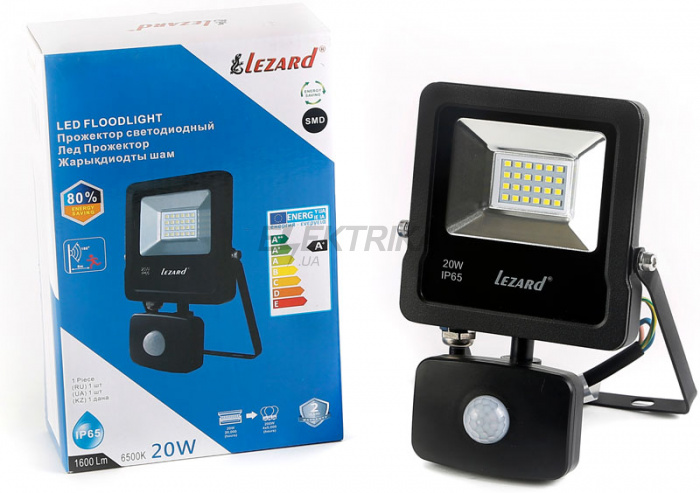 Прожектор світлодіодний Lezard 20W, IP65 6500K 1600Lm з датчиком руху (PAL6520S)