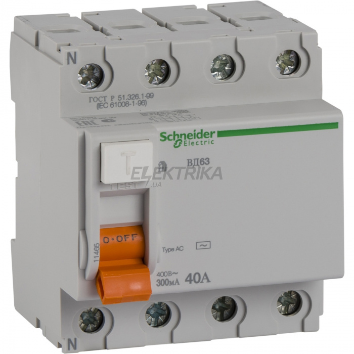 Вимикач диференціального струму Schneider Electric Диференціальний Вимикач навантаження ВД63 4П 40A 300MA АС, Іспанія 11465