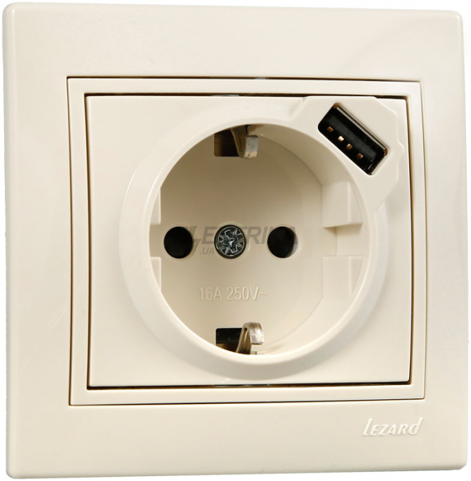 Розетка + USB Lezard Mira із заземленням крем (701-0303-181)