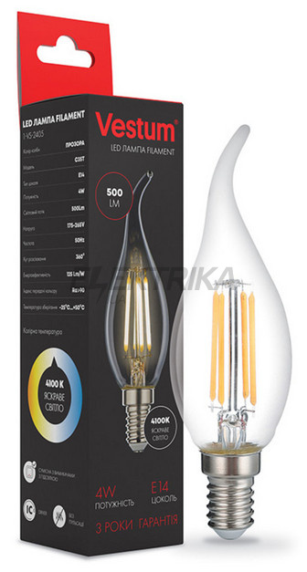 Лампа світлодіодна філамент Vestum LED С35Т 4W 220V 4100К E14 (1-VS-2405)