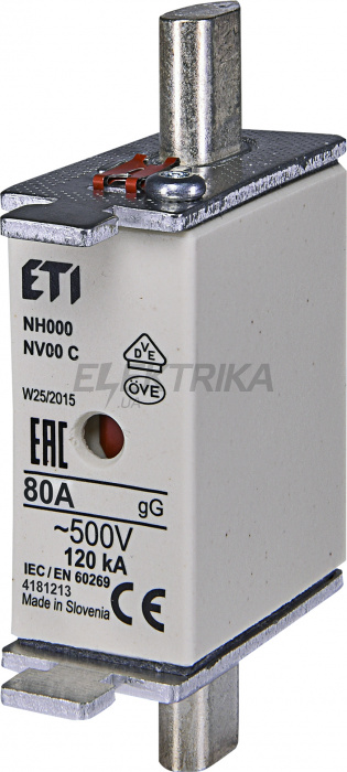 Плавка вставка запобіжник ETI NH000 gG 80A/500V 004181213