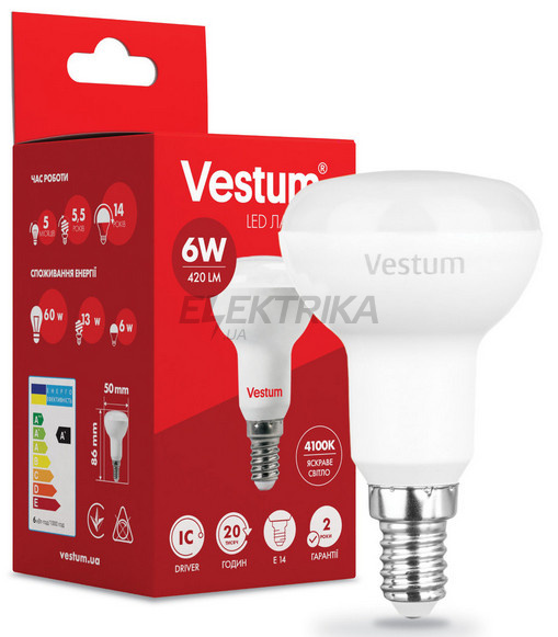 Світлодіодна лампа Vestum LED R50 6W 4100K 220V E14 (1-VS-1402)