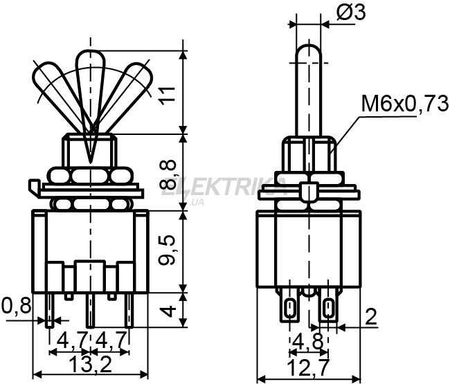 Тумблер АСКО-УКРЕМ MTS-102 ON-ON 2Пол. *3Конт. (A0140060012)
