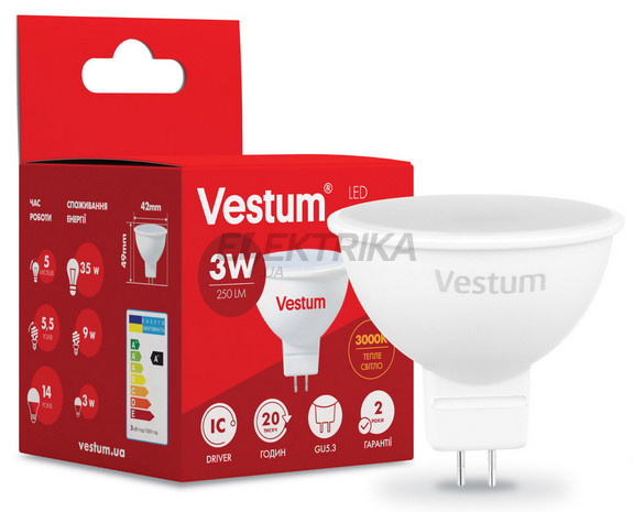 Лампа світлодіодна Vestum LED MR16 3W 3000K 220V GU5.3 (1-VS-1502)
