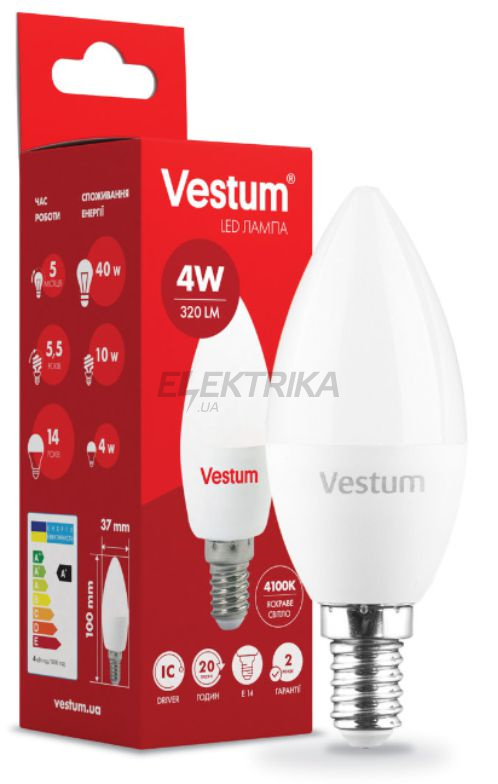 Світлодіодна лампа Vestum LED C37 4W 4100K 220V E14 (1-VS-1307)