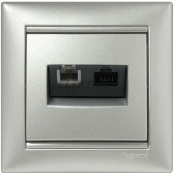 Телефонна розетка подвійна RJ 45 кат.6 UTP+RJ 11, без захватів, алюміній, Valena