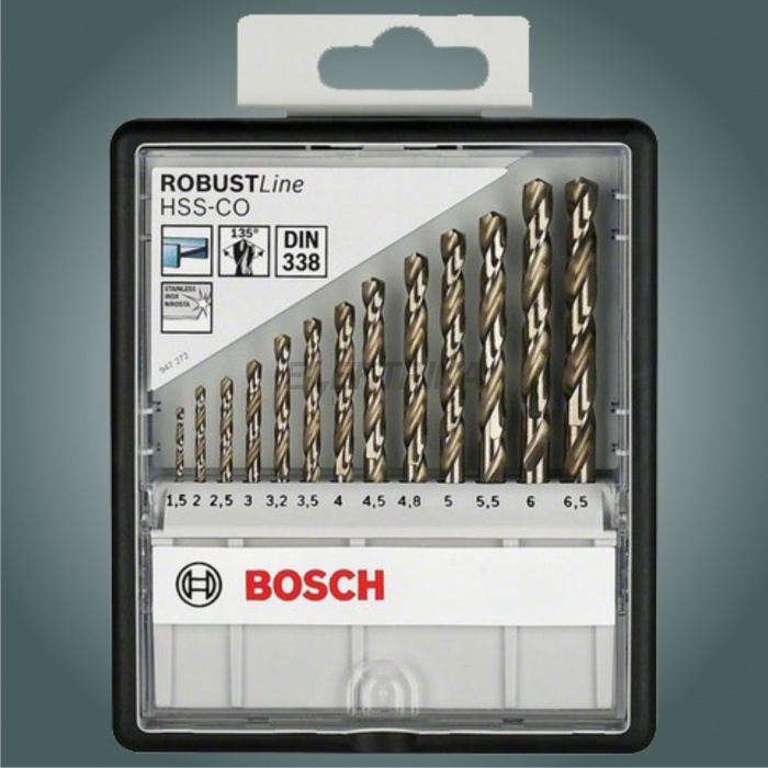 Набір із 13 свердл по металу Robust Line HSS-Co 1,5; 2; 2,5; 3; 3,2; 3,5; 4; 4,5; 4,8; 5; 5,5; 6; 6,