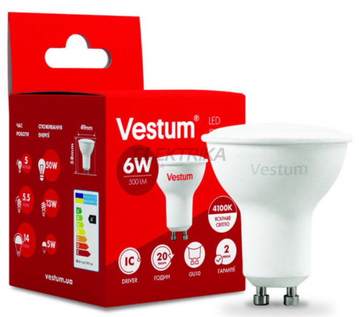 Лампа світлодіодна Vestum LED MR16 6W 4100K 220V GU10 (1-VS-1506)