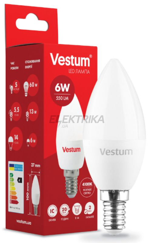 Світлодіодна лампа Vestum LED C37 6W 4100K 220V E14 (1-VS-1303)