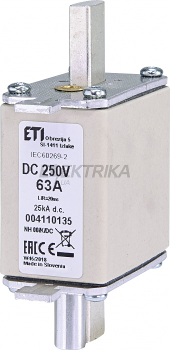 Плавка вставка запобіжник ETI NH00/K 63A/250V DC 004110135