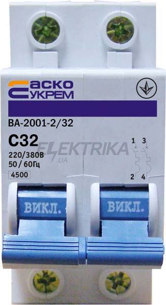 Автоматичний вимикач УкрЕМ ВА-2001 2р 32А АсКо