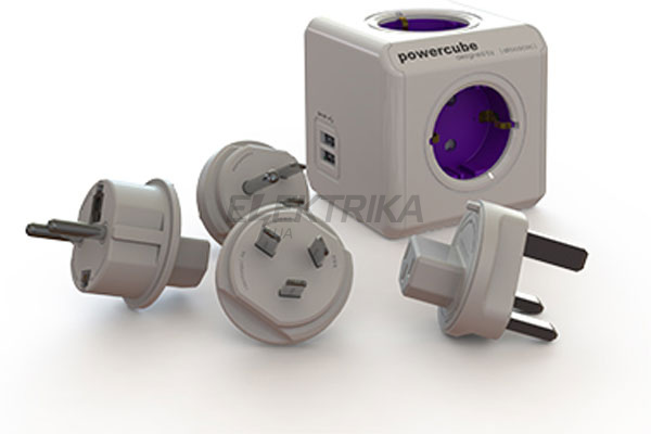 Розгалужувач мережі Powercube Rewirable із заземленням 4 розетки, 2 USB, фіолетовий