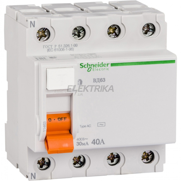 Вимикач диференціального струму Schneider Electric Диференціальний Вимикач навантаження ВД63 4П 40A 30MA АС, Іспанія 11463
