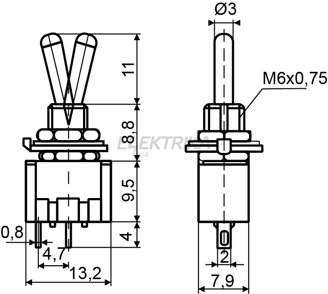 Тумблер АСКО-УКРЕМ MTS-111 (ON)-OFF (без фікс.) 2Пол. *2Конт. (A0140060011)