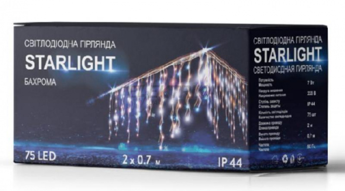 Гірлянда вулична STARLIGHT бахрома жовтий/білий Flash 75LED IP44 чорний 2x0,7м (000057265)