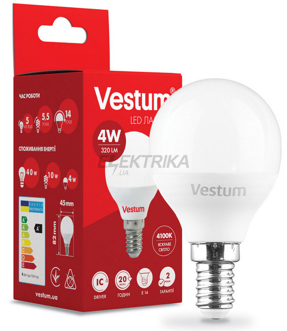 Світлодіодна лампа Vestum LED G45 4W 4100K 220V E14 (1-VS-1207)