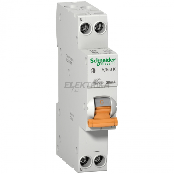 Автоматичний вимикач диференціального струму Schneider Electric AD63 K - earth leakage circuit breaker - 1P+N - C - 10A - 30mA - 4500A - AC-TYPE 12521