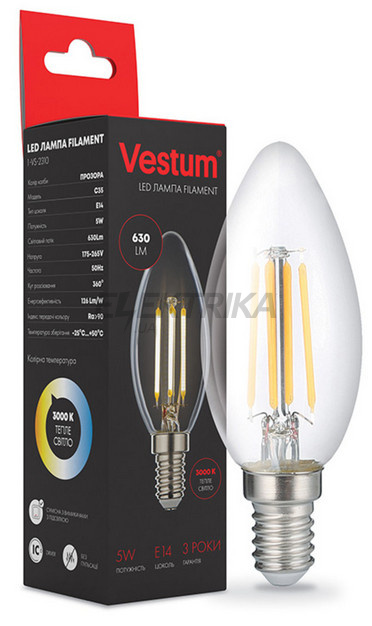 Лампа світлодіодна філамент Vestum LED С35 5W 220V 3000К E14 (1-VS-2310)